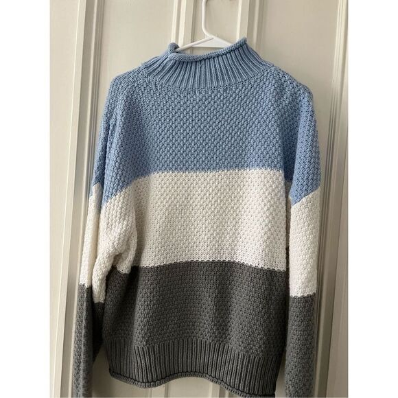 Fashion brands roll neck blue white and gray striped sweater L - Picture 4 of 4